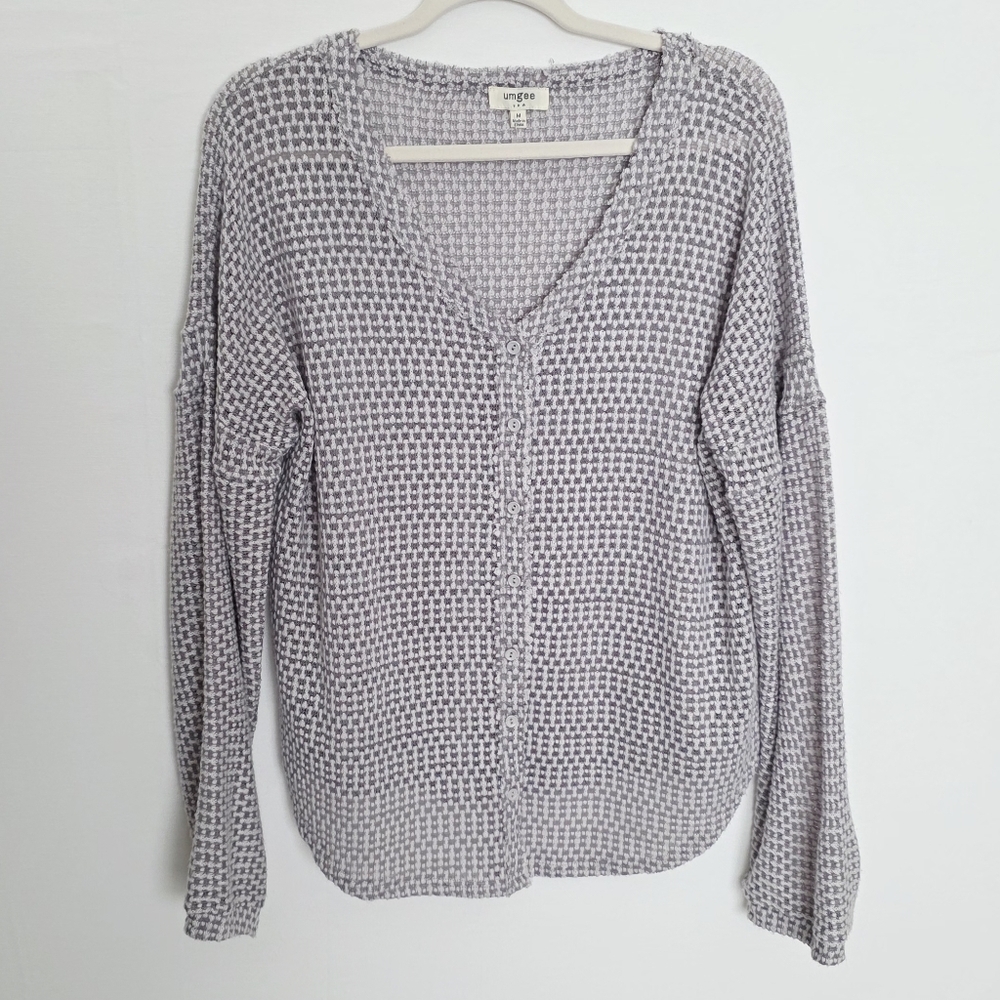 Umgee Button Up Open Knit V-Neck Bohemian Relaxed Fit Sweater Women's Size M
